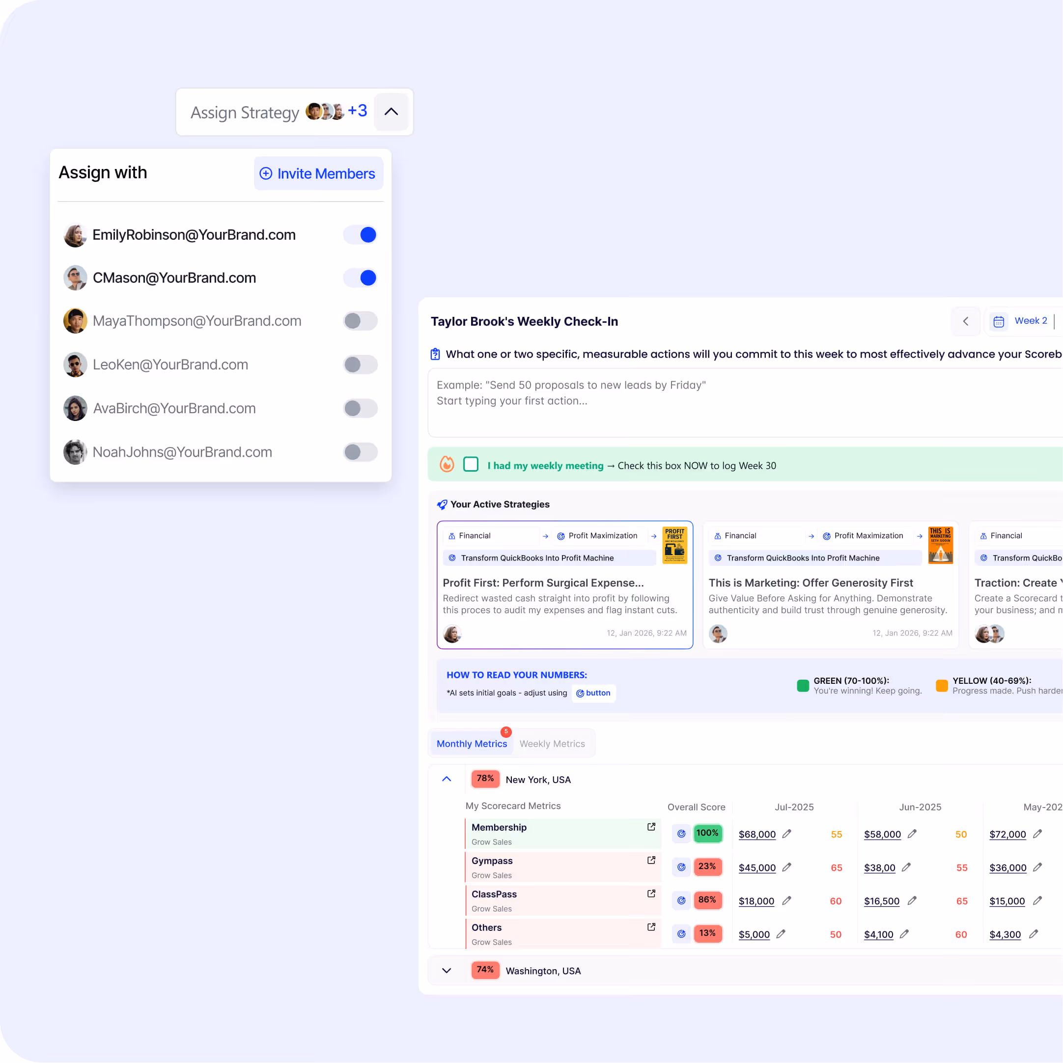Team goal tracking dashboard with strategy assignments, weekly check-ins, and location performance metrics