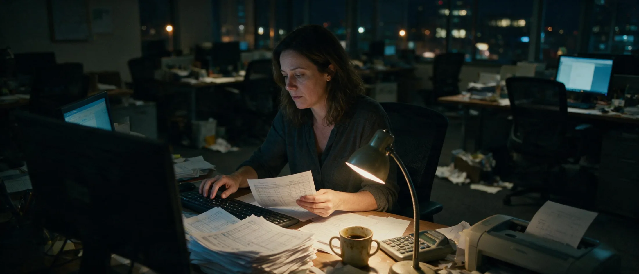 A payroll and billing manager works alone at her desk late at night in an otherwise dark, empty staffing agency office. A thick stack of printed timesheets sits in front of her; she holds one page up in one hand and types with the other, lit by a single desk lamp, with city lights outside the window.