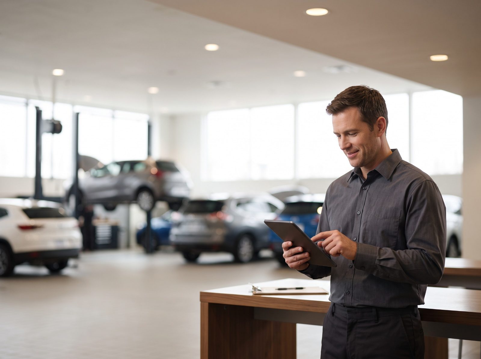 Service advisor updating records on a tablet in an auto service center