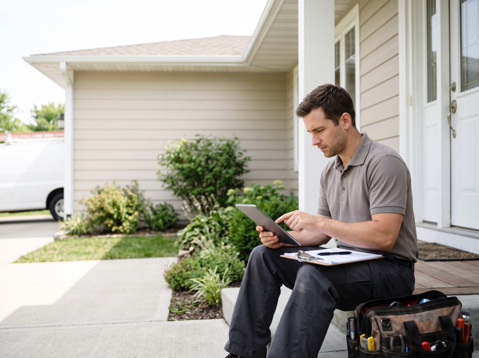 Field service professional scheduling work on a tablet on-site