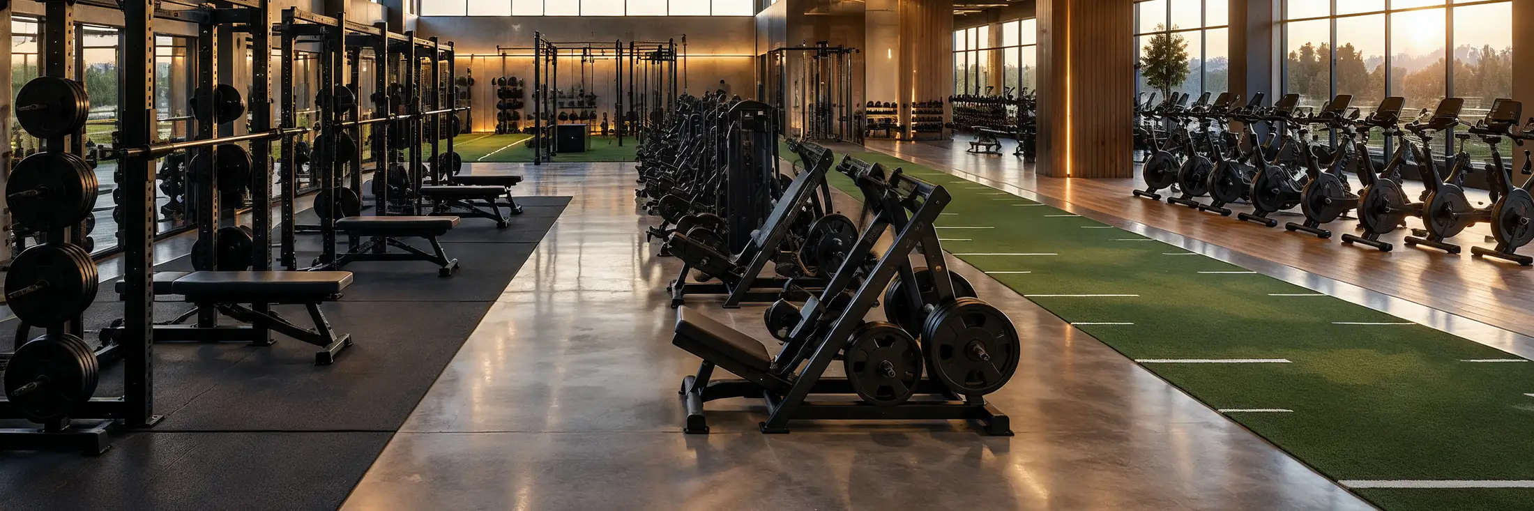 An empty health club floor at first light: squat racks, plate-loaded machines, a turf lane and a row of exercise bikes.