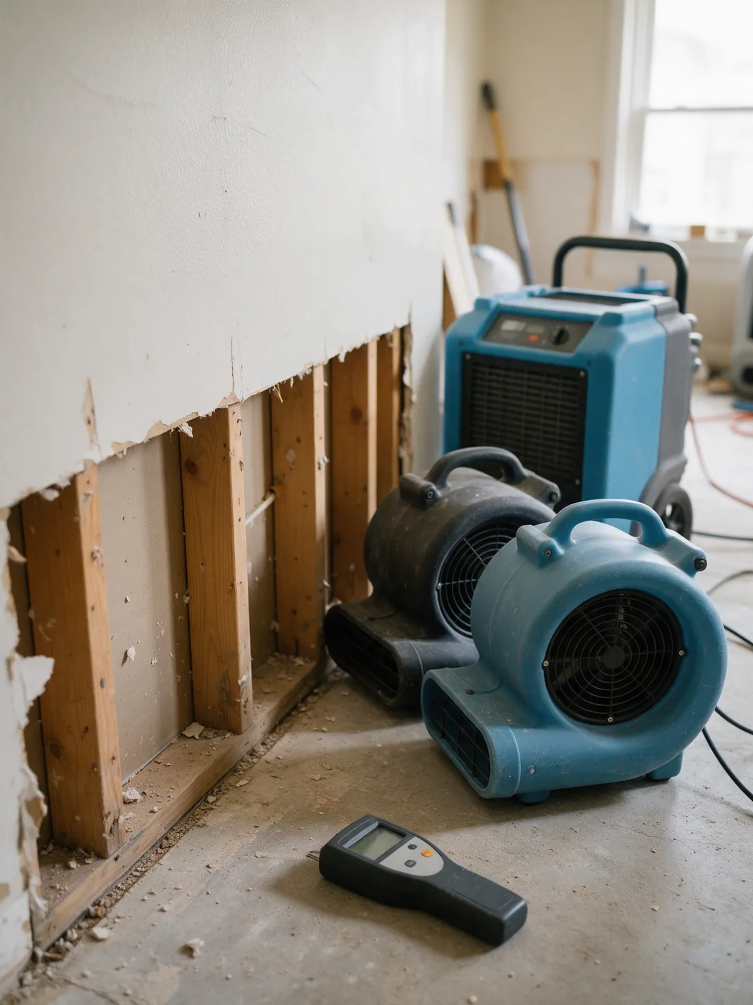 Air movers and a dehumidifier drying a room where the lower drywall has been cut away to the studs, with a moisture meter on the floor.