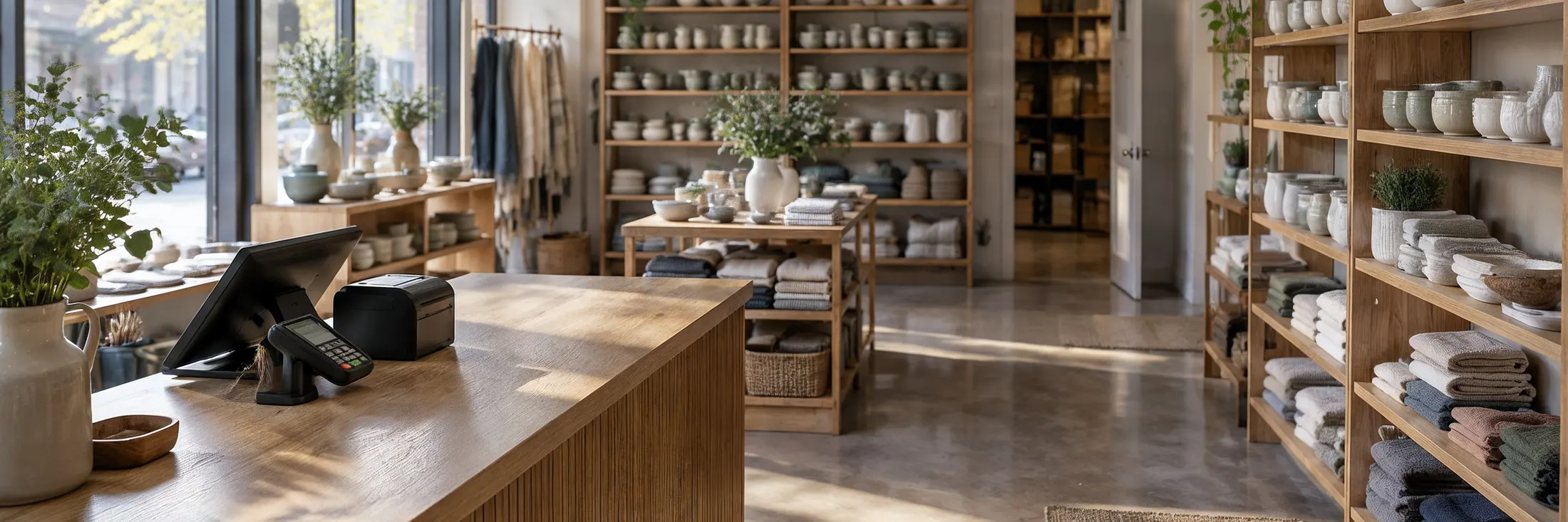 An independent store at opening time: a wooden checkout counter with a card terminal and a receipt printer, shelves of ceramics and folded textiles, and the stockroom through an open door.