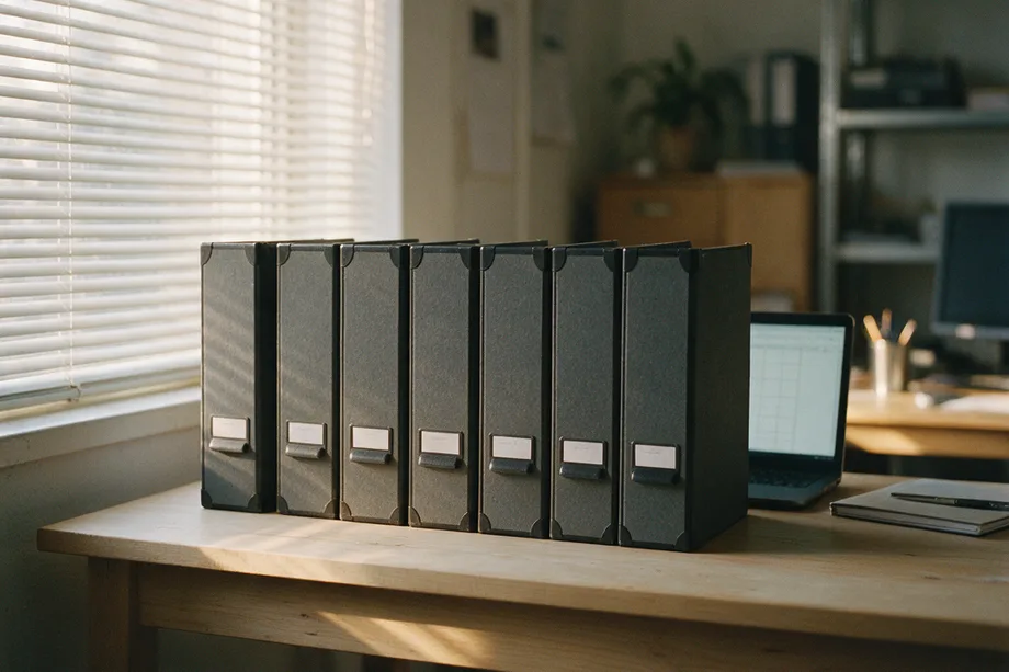 A row of seven identical unlabelled archive box files standing on a back-office desk, beside an open laptop showing a spreadsheet.
