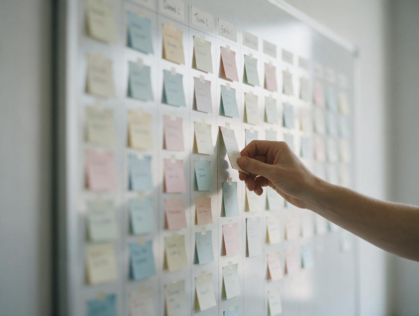 A hand lifting one card out of a column on a dense quarterly roadmap wall of sticky notes. The handwriting and column headers are not legible.